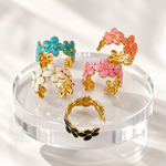 Enamel Flower Open Ring for Women - 18K Gold PVD Plated 304 Stainless Steel - Adjustable & Waterproof