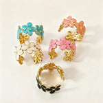 Enamel Flower Open Ring for Women - 18K Gold PVD Plated 304 Stainless Steel - Adjustable & Waterproof