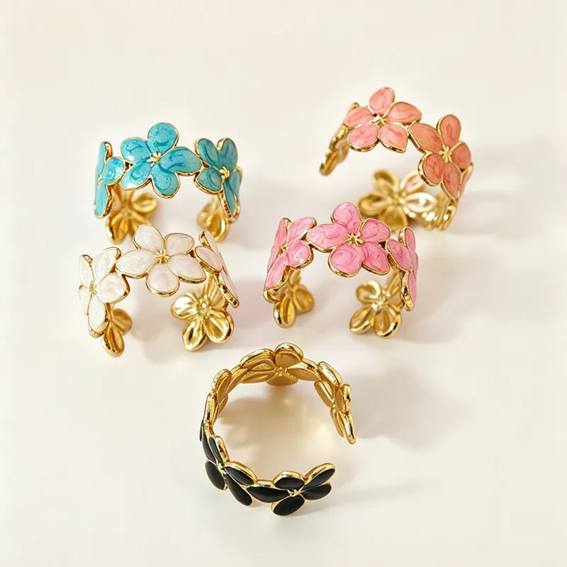 Enamel Flower Open Ring for Women - 18K Gold PVD Plated 304 Stainless Steel - Adjustable & Waterproof