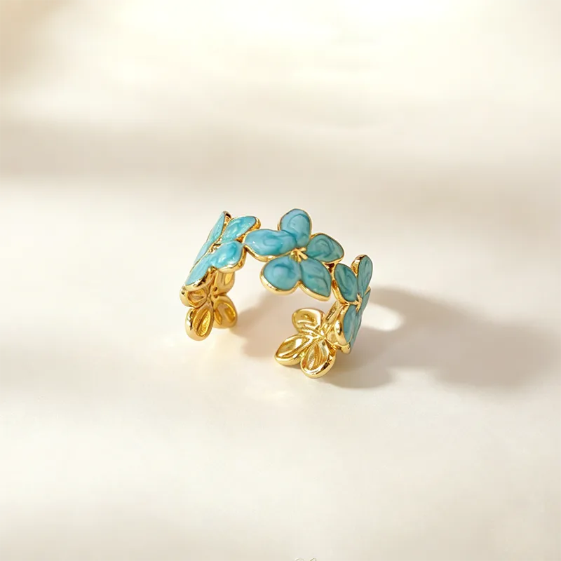 Enamel Flower Open Ring for Women - 18K Gold PVD Plated 304 Stainless Steel - Adjustable & Waterproof
